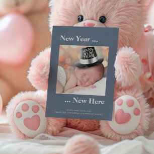 New Year New Here Photo Blue Birth Announcement