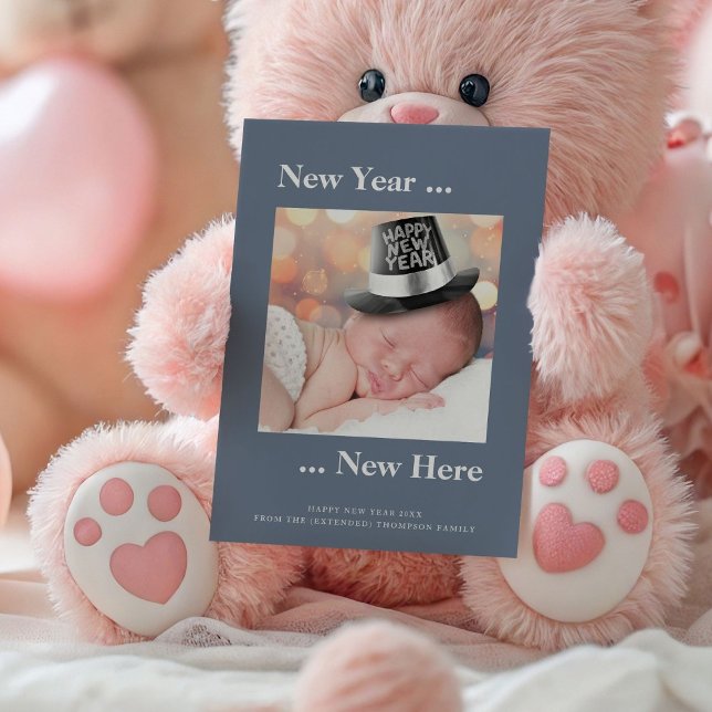 New Year New Here Photo Blue Birth Announcement (front view)