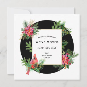 New Year New Home Cardinal Bird and Poinsettias Holiday Card
