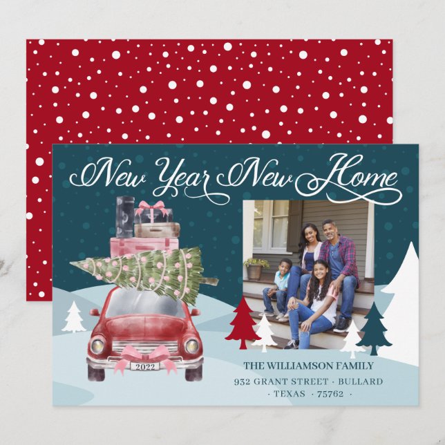 New Year New Home Chic Red Retro Car Moving Photo Holiday Card (Front/Back)