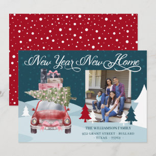 New Year New Home Chic Red Retro Car Moving Photo Holiday Card