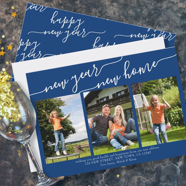 New Year New Home Elegant Script 3 Photo Blue Holiday Card (Creator Uploaded)