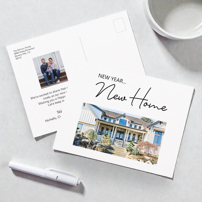 New Year New Home Moving Announcement photos (CusromModern new year new home horizontal house photo and family postcard. )