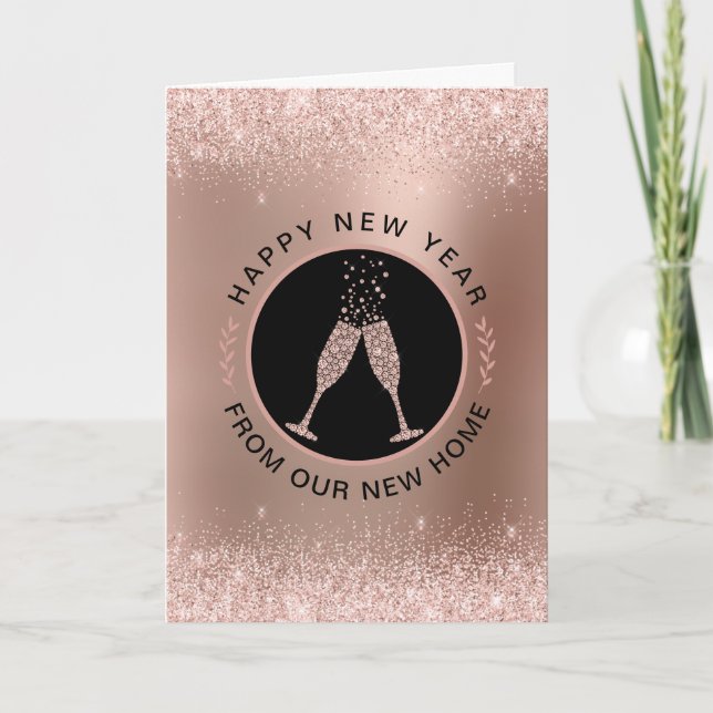 New Year New Home Rose Gold Address Change Holiday Card (Front)