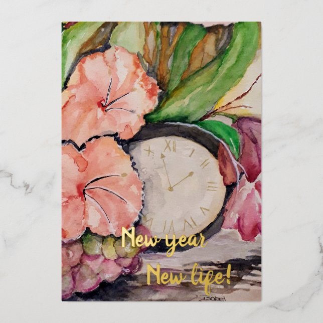 New year new life watercolor clock floral grapes (Front)