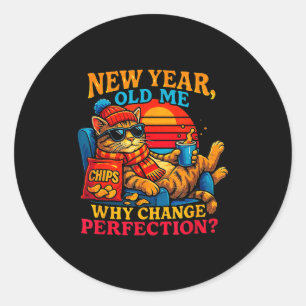 New Year Old Me Funny Cat Retro Lazy Meme Gift  Classic Round Sticker
