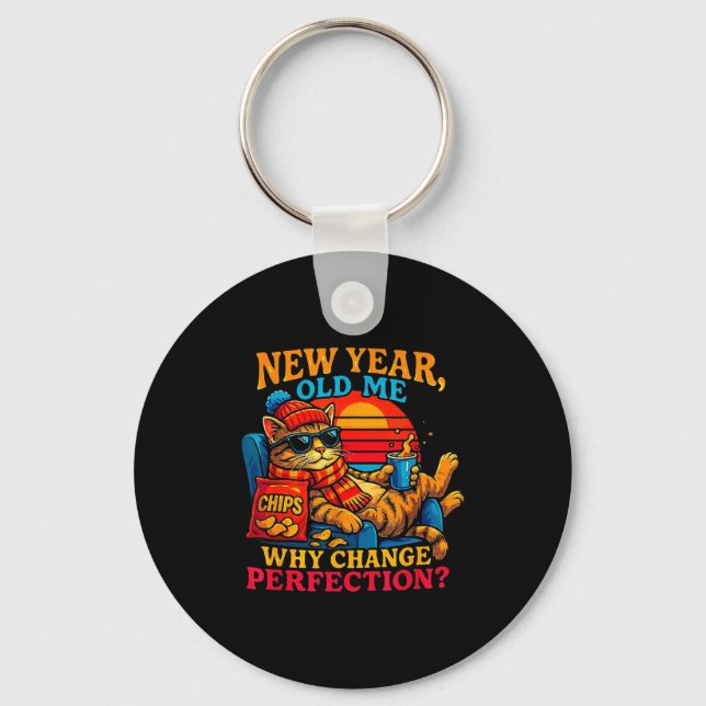 New Year Old Me Funny Cat Retro Lazy Meme Gift  Key Ring (Front)