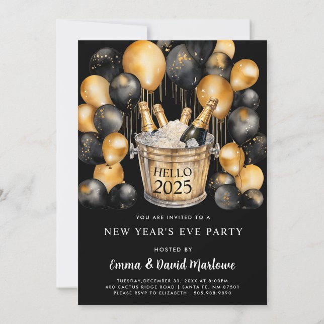 New Year Party 2025 Gold Black Balloons Invitation (Front)