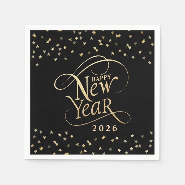 New Year Party Black Gold Star Confetti Napkin (Front)