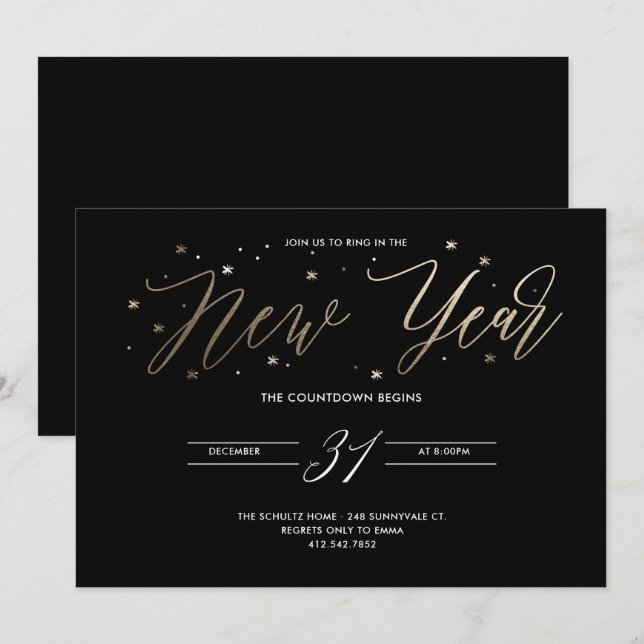 New Year Party Gold Foil Party Invitation Black (Front/Back)