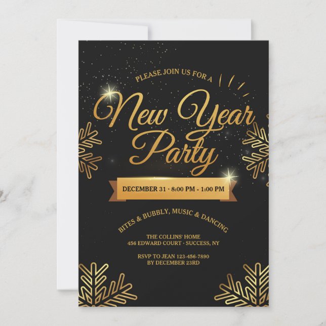 New Year Party Gold Snowflakes Invitation (Front)