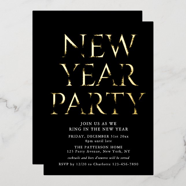 New Year Party Simple Minimalist Gold Script Foil (Front/Back)