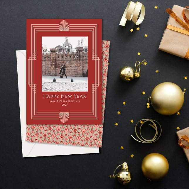 New Year Photo Art Deco Red Gold Holiday Card (Creator Uploaded)