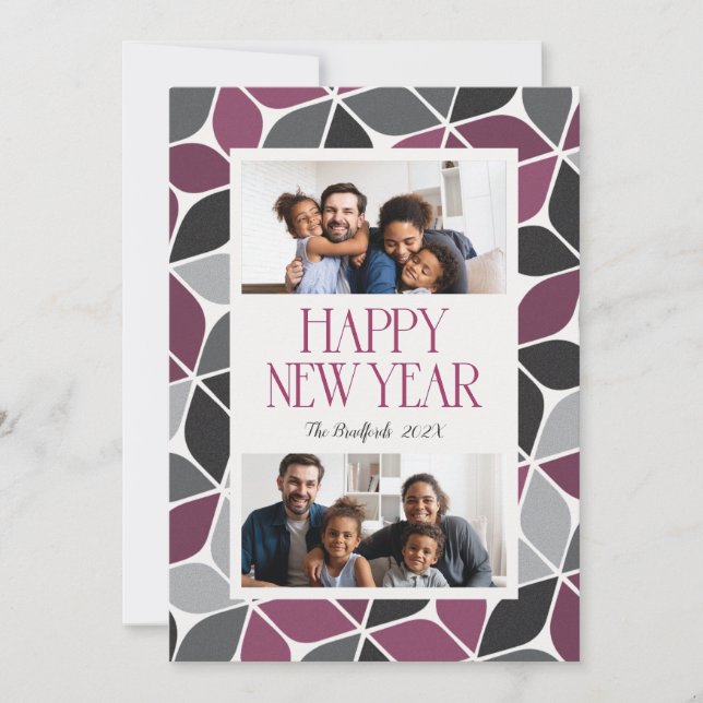 New Year Photo Black Magenta Holiday Card (Front)