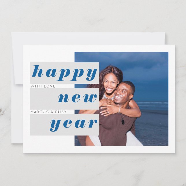 New Year Photo Blue Grey Block Typography Overlap Holiday Card (Front)