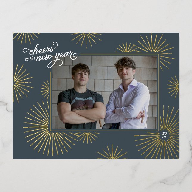 New Year Photo & Fireworks Holiday Foil Postcard (Front)