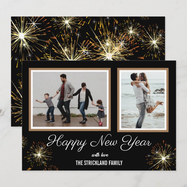 New Year Photo Holiday Card Black & Gold Fire Work (Front/Back)