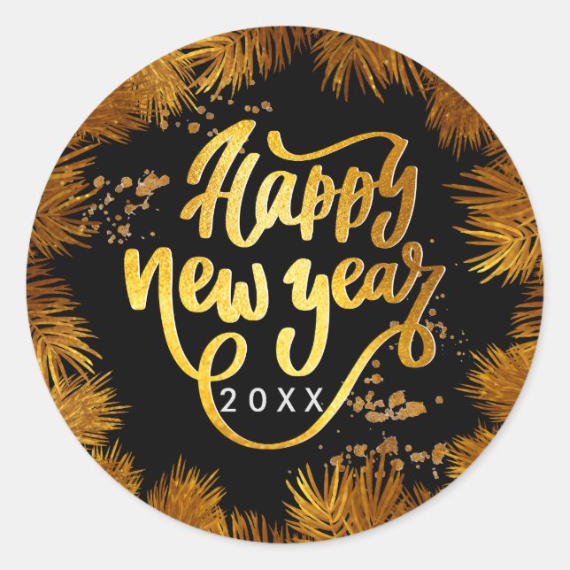 New Year Pine Gold Elegant Corporate Party Classic Round Sticker (Front)