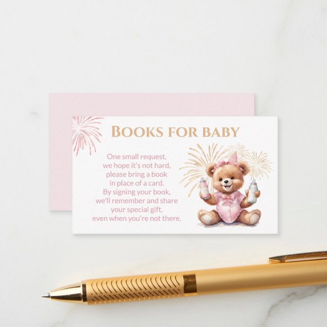 New Year Pink Bear Girl Baby Shower Books Card (Front/Back In Situ)