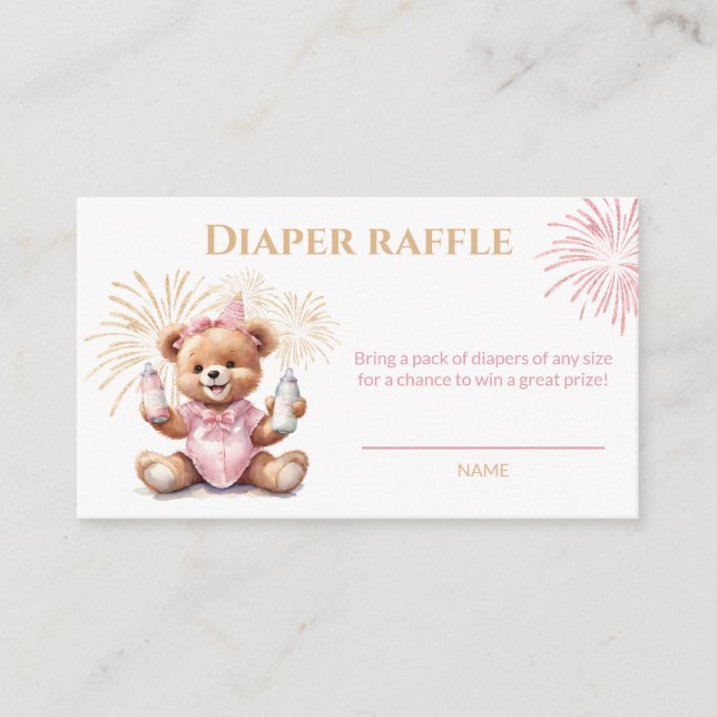 New Year Pink Girl Baby Shower Diaper Raffle Card (Front)