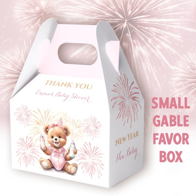 New Year Pink Girl Baby Shower Favour Box (New Year Pink Bear Small Gable Favor Box -  You can choose from 3 sizes of these gable favor boxes)