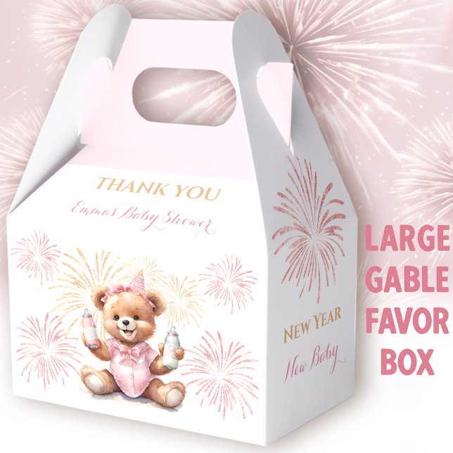 New Year Pink Girl Baby Shower Large Gable Favour Box (New Year Pink Bear Large Gable Favor Box -  You can choose from 3 sizes of these gable favor boxes)