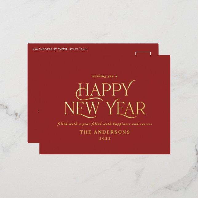 New year red elegant minimal modern traditional foil holiday postcard (Front/Back)