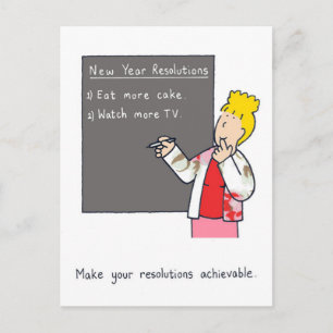New Year Resolutions Humour Cake and TV Holiday Postcard