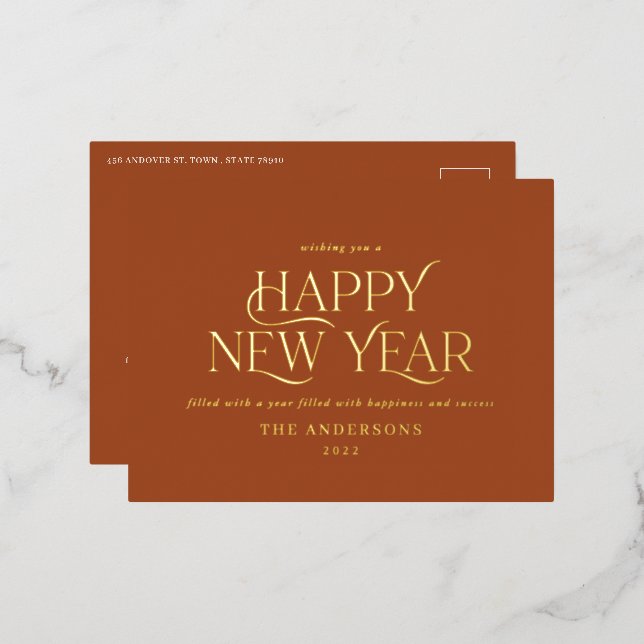 New year rust elegant minimal modern traditional foil holiday postcard (Front/Back)