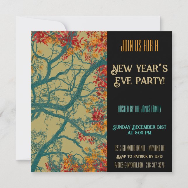  New Year’s Eve green tree red leaves Invitation (Front)