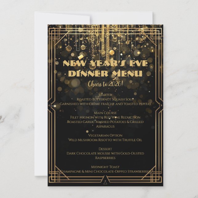 New Year’s Eve Menu | Elegant Black & Gold Glitter Invitation (Front)
