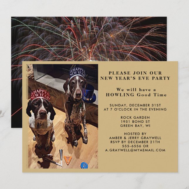 New Year’s Eve Party Dogs and Fireworks Invitation (Front/Back)