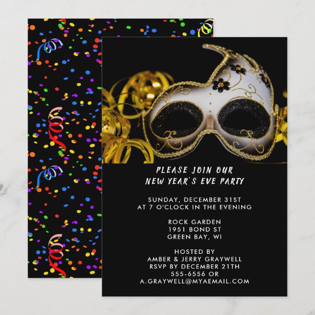 New Year’s Eve Party Mask & Confetti, ZRP Invitation (Front/Back)