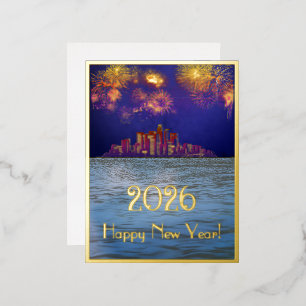 New year’s golden fireworks over the city 2026 foil holiday postcard