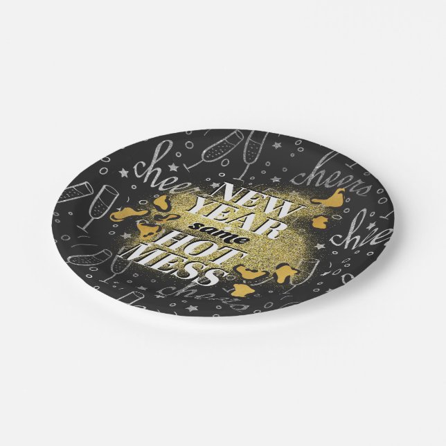 New Year Same Hot Mess Black + Gold Glitter Cheers Paper Plate (Angled)