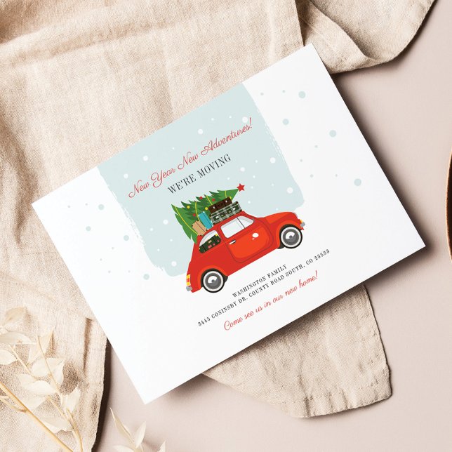 New Year We've Moved Red Car Moving Announcement (Holiday Moving Announcement Change of Address Update)