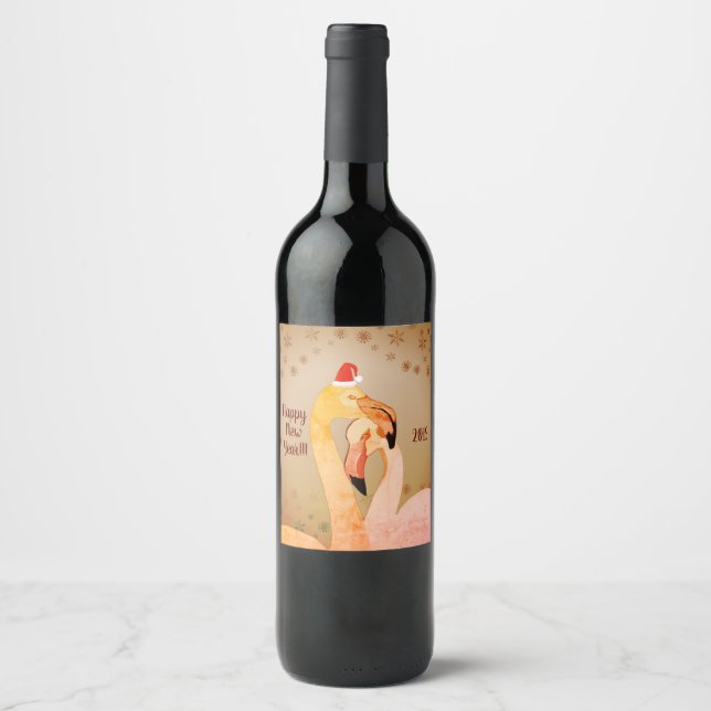 New Year Wine Label  Flamingo Birds (Front)