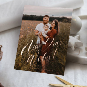 New Year Wishes Minimal Elegant Script Photo Foil Holiday Card