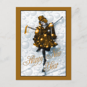 New Year Wishes Vintage Party Girl in Gold Postcard