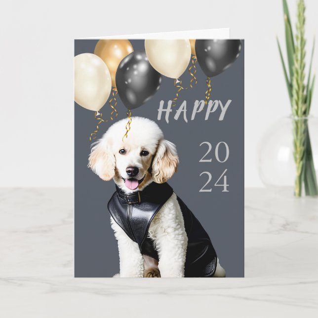 New Year with a White Poodle in Leather Holiday Card (Front)