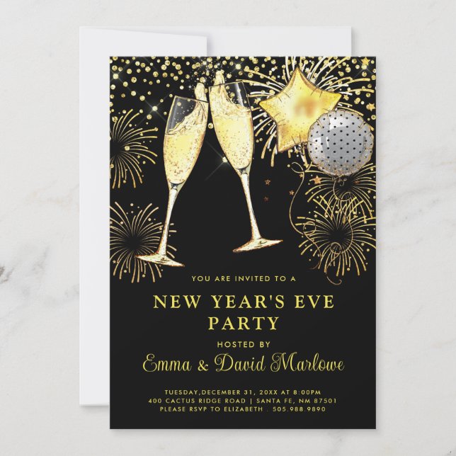 New Year's 2024 Gold Glitter On Black Invitation (Front)