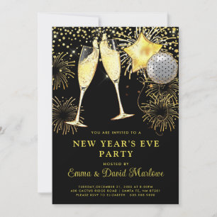 New Year's 2024 Gold Glitter On Black Invitation
