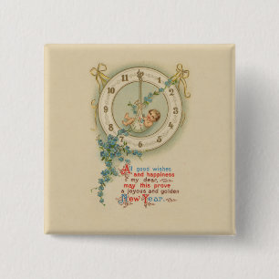 New Years Baby Vintage Clock 15 Cm Square Badge