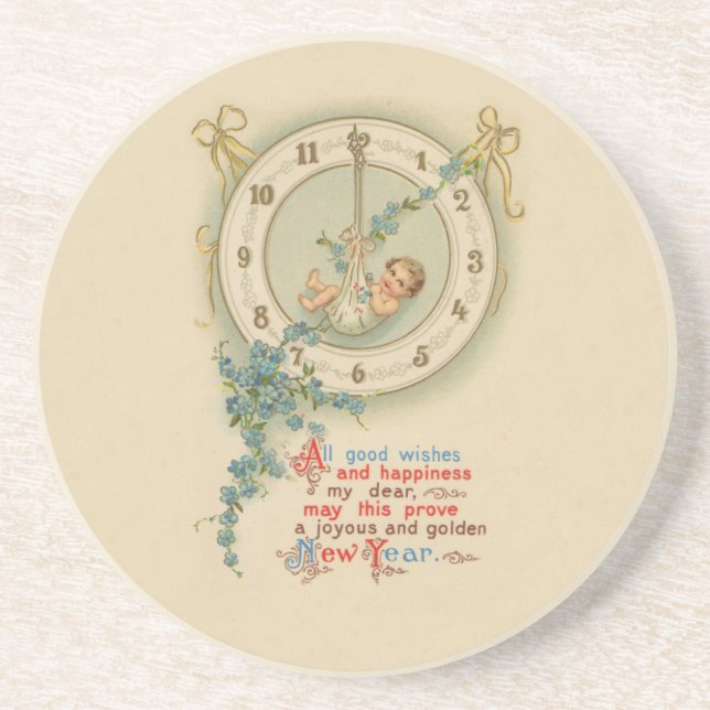 New Years Baby Vintage Clock Coaster (Front)
