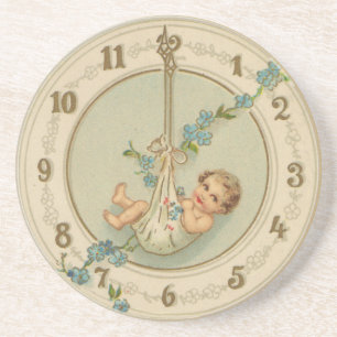 New Years Baby Vintage Clock Coaster