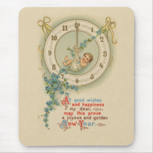 New Years Baby Vintage Clock Mouse Mat