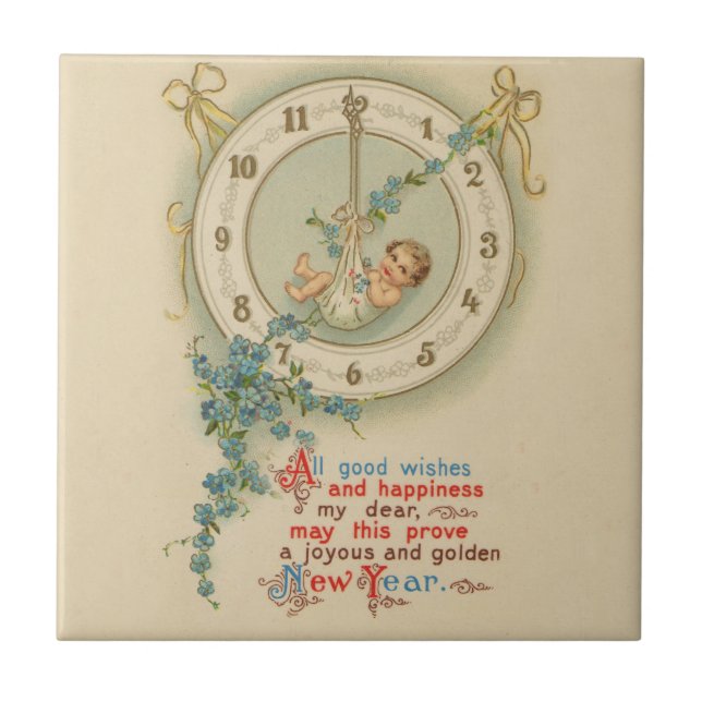New Years Baby Vintage Clock Tile (Front)