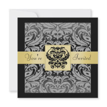 New Years Black Mask Damask Gold Ribbon Invitation