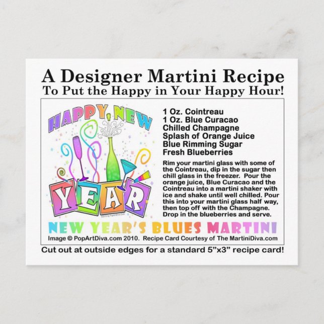 New Year's Blues Martini Recipe Postcard (Front)