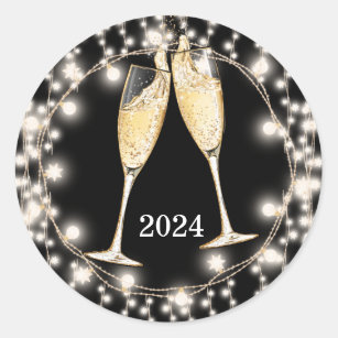 New Years Champagne Glasses Glowing String Lights Classic Round Sticker